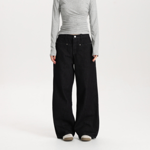 Jeans <span class=keywords><strong>Neri</strong></span> da <span class=keywords><strong>Donna</strong></span> a Gamba Larga, Vita Media, Vestibilità Comoda, Stile Vintage, <span class=keywords><strong>Pantaloni</strong></span> in Denim di Alta Qualità con Tessuto Strutturato e Durevole - Product Image 1