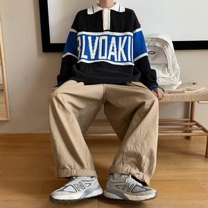 Le plus populaire pull lettre motif couleur bloc pull décontracté hommes col rabattu anti-boulochage pulls en cachemire - Product Image 5