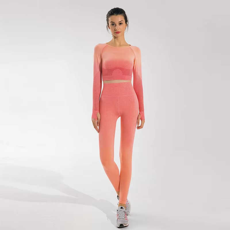 Women's Slim Yoga Sports Set With High Elasticity Breathable Long Sleeve and High Gradient Bra & Pants for Outdoor Fitness