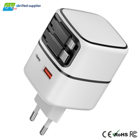 Bloc chargeur mural GaN PD 3.0 35W à charge rapide avec câble Type-C rétractable double, 3 ports Type-C + 1 port USB-A, pliable, prise US