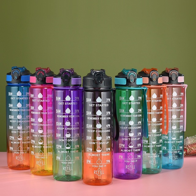 32 oz 1L BPA-Free Sports Water Bottle with Time Marker Direct Drinking Straw Strainer Filter for Gym Fitness