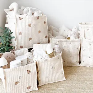 米色绗缝棉储物桶婴儿尿布衣服玩具收纳袋婴儿床储物篮