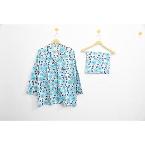 ชุดนอนผู้หญิงสีฟ้าอ่อนพิมพ์ลายด้วยมือ ชุดนอนแขนยาว ชุดนอนสามชิ้น - Product Image 1