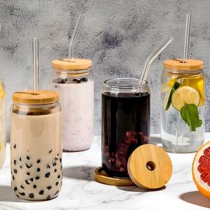 กระป๋องแก้วโซดาพร้อมฝาปิดไม้ไผ่พิมพ์ซับลิเมชันแบบกระป๋องเบียร์แบบใสขนาด12ออนซ์16ออนซ์ขายดี - Product Image 1