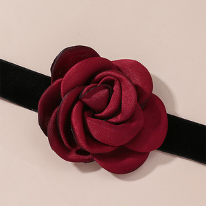 Moda mujer bonita fiesta hecha a mano tela elegante Cinta Negra cadena rojo rosa flor gargantilla Collar para mujer - Product Image 6