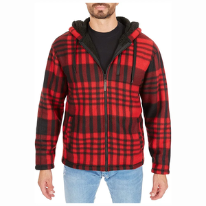 <strong>Men's</strong> Thick <strong>Red</strong> Check Warm Lined Hooded <strong>Jacket</strong> <strong>Winter</strong> Full Zip Polar Fleece Coat Outwear - Product Image 1
