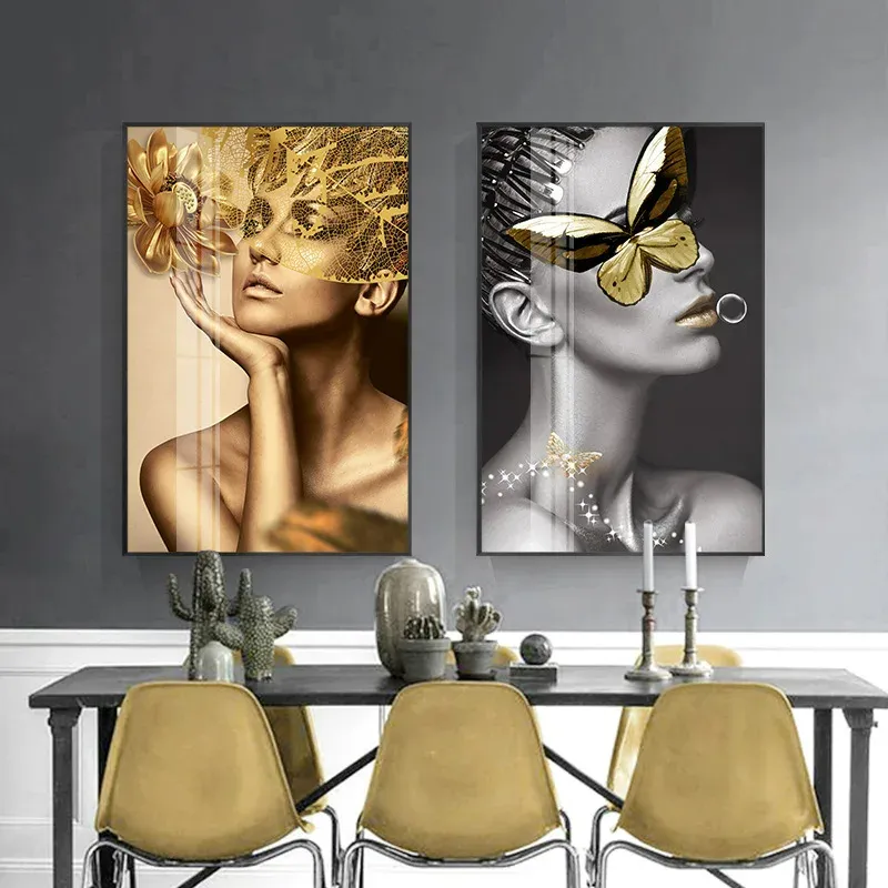 Decorazione per la casa nordica moda donna labbra farfalla Poster bianco e oro nero immagine immagine immagine pittura su vetro