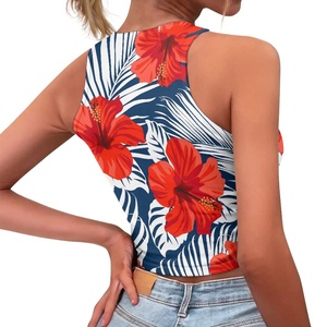 Tops Cortos Deportivos Personalizados para <span class=keywords><strong>Mujer</strong></span>, Estilo Vintage Hawaiano con Estampado de Flores Rojas, Venta al Por Mayor, Económicos, Ajustados, para Fitness y Ejercicio - Product Image 5