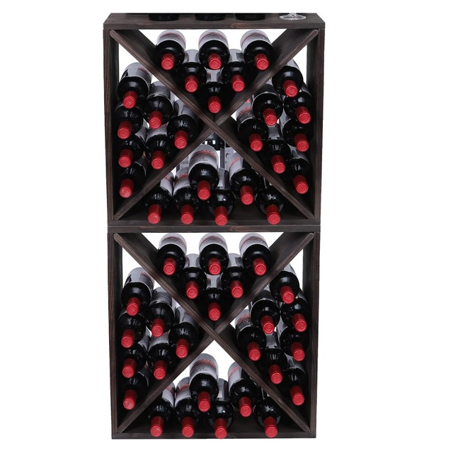 Professional Stackable Wooden Wine Rack X-Frame Cube Modular 2-Tier Wood Wine Storage Display for Home Cellar Bar Cabinet