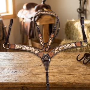 Ensemble d'équipement d'équitation Western à imprimé guépard, en cuir naturel souple, avec selle anglaise légère et franges de têtière, pour la saison. - Product Image 3