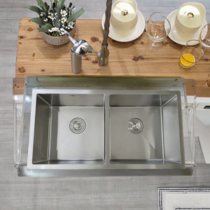 Fatta a mano di prima qualità in acciaio inox doppia ciotola <span class=keywords><strong>lavello</strong></span> da cucina mercato del Medio Oriente due fori senza rubinetto - Product Image 2