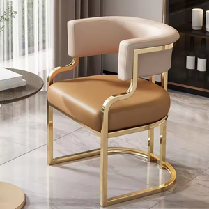 Modern Luxury Cafe Salon Visitor Golden Metal Upholstered <strong>Tub</strong> Leather <strong>Dining</strong> Armchair <strong>Chairs</strong> for Sale - Product Image 2
