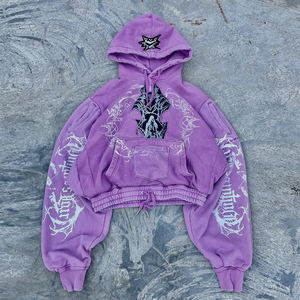 Sudadera con capucha unisex personalizada de corte ajustado y bajo con cordón, estilo invierno, con estampado gótico de demonio lavado al ácido y parche bordado, estilo Y2K <span class=keywords><strong>Grunge</strong></span> - Product Image 1