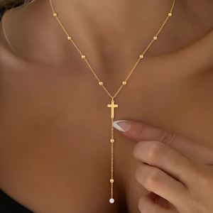 Collier à pendentif en forme de croix en acier inoxydable avec incrustation de zircon, chaîne de clavicule en forme de Y, bijoux géométriques modernes - Product Image 1