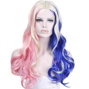 Perruque longue bouclée rose et bleue avec frange latérale, ligne de cheveux naturelle, perruque synthétique complète en fibre Kanekalon pour cosplay - Product Image 1