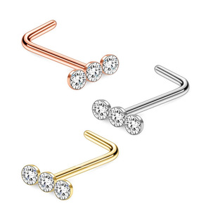 <strong>Gold</strong>-Plated Stainless Steel Body Jewelry Triple Drill L-Rod <strong>Nose</strong> Nail Puncture Style Pearl Stone <strong>Nose</strong> <strong>Ring</strong> Piercing Gift - Product Image 1