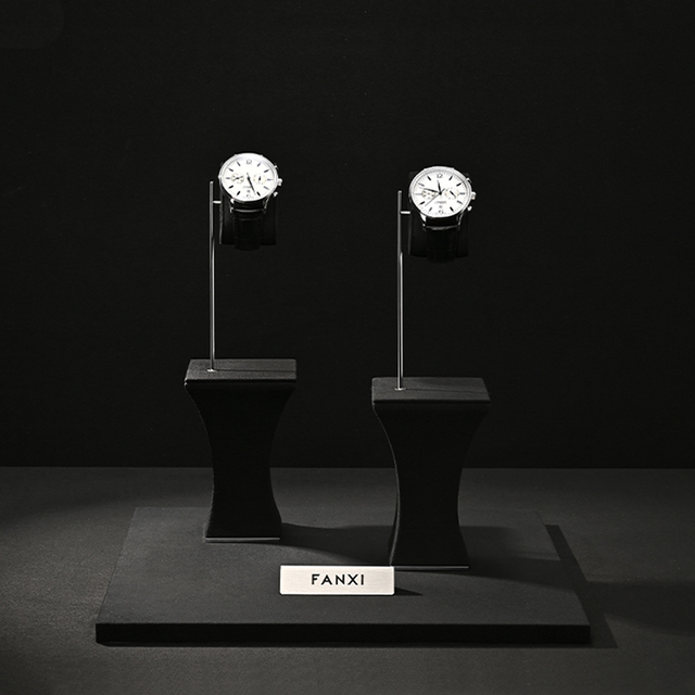 FANXI Custom Black Leather Watches Storage Shooting Props Holder Stand for Single Watch Metal Bracket