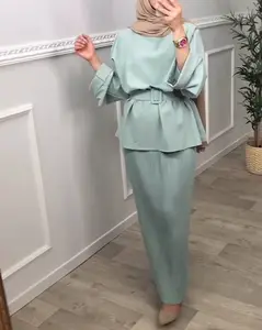 Yeni Abaya 2 parça Set üst ve pantolon mütevazı rahat takım elbise katı renk İslam giyim moda kadın