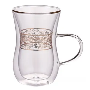 أكواب شاي تركية معطرة من الزجاج البوروسيليكات 100 مل 200 مل بشعار مخصص أكواب قهوة بغلاف مزدوج مع مقبض