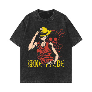 T-shirts en coton tricoté 100 % personnalisés en gros, style streetwear unisexe, avec imprimé graphique d'avatars d'anime, effet vintage délavé pour hommes - Product Image 3