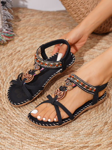 Calzado Casual de Moda para Mujer, Estilo Bohemio, con Cuentas y Lazo Decorativo, Punta Abierta, Correa en el Tobillo, Antideslizante, para Vacaciones - Product Image 5
