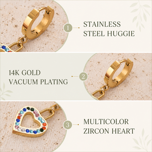 Pendientes de Aro con Corazón de Circonita, Acero Inoxidable, Chapado al Vacío en Oro de 14K, Joyería con Corazón Transparente o Multicolor - Product Image 2