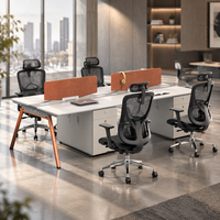 Poste de travail modulaire pour 4 personnes, bureau cloisonné en panneaux imitation bois, mobilier commercial personnalisable avec tiroir et armoire