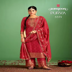 Trabajo de bordado elegante festivo étnico adultos Kurta conjunto muselina pura Jecaurd Chanderi seda Dupatta estilo indio pakistaní - Product Image 1