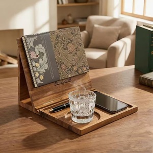 Wooden <b>Foldable</b> Reading Stand Solid Wood With Cup And Phone Holder <b>Desk</b> Organizer For Books And Office Use - Product Image 1