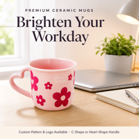 Mug en céramique personnalisé OEM ODM avec poignée en forme de cœur, tasse à café en porcelaine, motif et logo personnalisés, mugs de consommation domestique, commande en gros