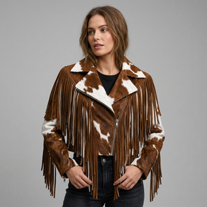 <b>Women's</b> Genuine Leather Cowhide <b>Fringed</b> Eco-friendly Lightweight Moto <b>Jacket</b> Stand Collar Zipper Closure Full Sleeve Regular - Product Image 5