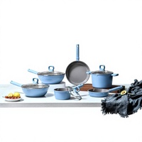 Ensemble de 6 ustensiles de cuisine en aluminium antiadhésif, casseroles et poêles bleues, couvercles en verre, poignées résistantes à la chaleur, compatibles avec tous les types de cuisinières, passe au four et au lave-vaisselle, pour la cuisine à domicile