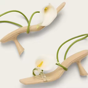 Sandali con Tacco Basso Sexy alla Moda, Punta Quadrata Aperta, Cinturini Floreali, Primaverili ed Estivi per Donne - Product Image 2