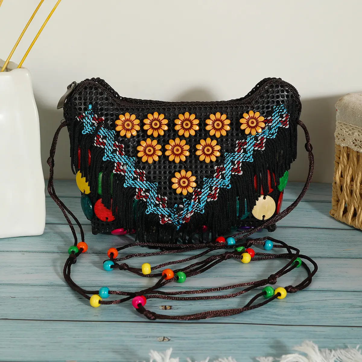 Borsa per telefono con conchiglia di cocco fiore carino borsa a tracolla da donna con nappe in stile etnico fatto a mano colorato