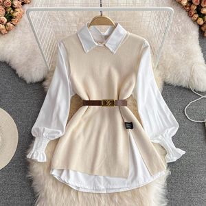 เสื้อเชิ้ตสีขาวดีไซน์ใหม่สำหรับฤดูใบไม้ผลิและฤดูใบไม้ร่วงของ Maxfree ชุดเสื้อถักแบบมีรอยผ่า ดีไซน์เก๋สำหรับผู้หญิง ชุดสองชิ้น - Product Image 1