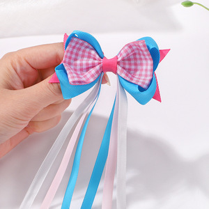 Grosir wanita gadis elegan klip rambut aksesoris poliester jepit dengan ekor panjang hitam putih kotak-kotak pita rumbai busur rambut - Product Image 5