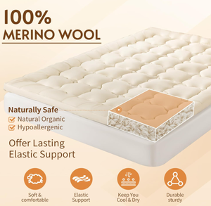 Tissu en <span class=keywords><strong>coton</strong></span> respirant et doux pour la peau de qualité supérieure sur-matelas de remplissage en laine mérinos 100% biologique avec bandes élastiques - Product Image 4