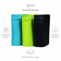 Sacs Mylar personnalisés imprimés en gros de 3,5 g avec fenêtre transparente, pochettes verticales refermables à fermeture éclair, emballages plastiques anti-odeur