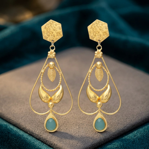 New Style Golden Designer <b>Aquamarine</b> Gemstone Drop Hexagon Design Gold Plated Precious Metal Alloy Handmade Ethnic Certified - Product Image 3