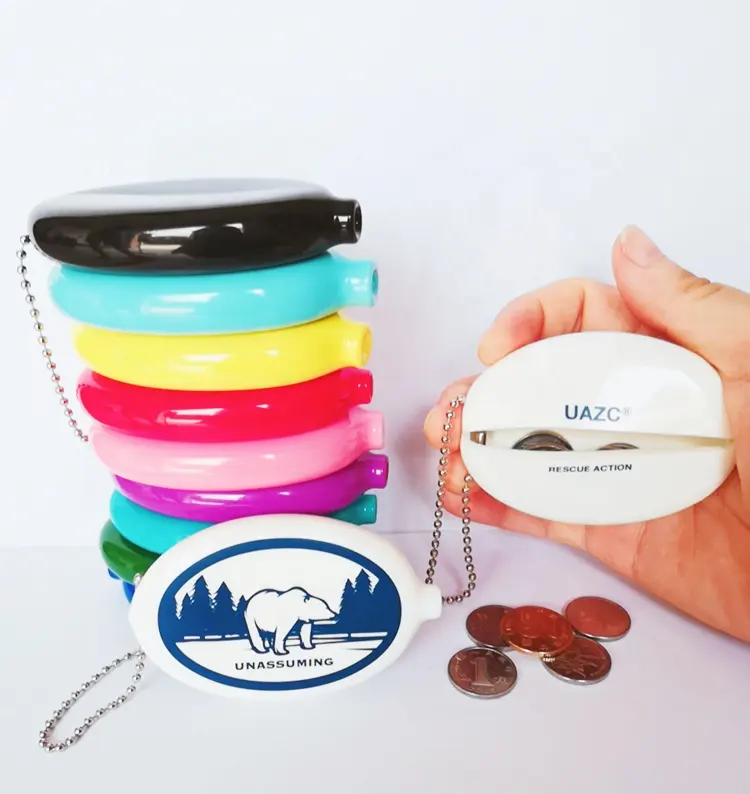 Personalize a caixa de moedas em PVC em branco para moedas, bolsa de borracha com chaveiro