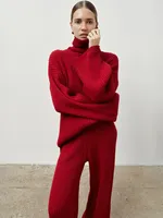 Blubelle Nouvel ensemble 2 pièces pour femme : pull côtelé à col roulé et pantalon large, en tissu doux, coupe ample, automne-hiver, décontracté, couleur unie