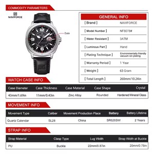 <span class=keywords><strong>Reloj</strong></span> de Cuarzo Naviforce NF8078 para Hombre, con Números Grandes, Correa de Cuero Genuino, Visualización de Fecha Luminosa, Estilo Casual Simple - Product Image 6