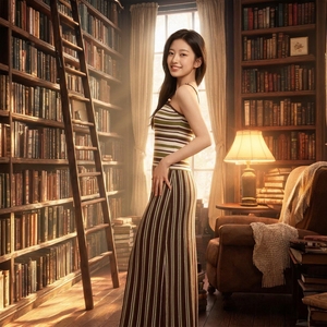 Robe longue décontractée d'été pour femme, personnalisée, en crochet, à taille empire, à rayures, sans bretelles, coupe trapèze, en acrylique, ajustée, sans manches - Product Image 3