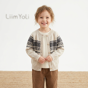 Cardigan à col rond boutonné pour filles, motif Fair Isle, jacquard nordique, <span class=keywords><strong>pull</strong></span> de <span class=keywords><strong>Noël</strong></span> pour enfants, vente en gros personnalisée - Product Image 2
