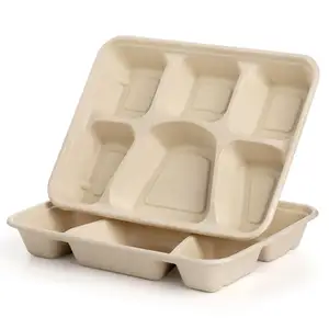 Composteerbaar 6 Compartiment Papieren Bord Wegwerp School Lunchbakken Milieuvriendelijke Bagasse Borden Voor Buffet