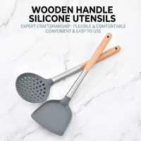 Ensemble d'ustensiles de cuisine en silicone de qualité alimentaire résistant aux hautes températures, spatule et grande cuillère à soupe en bois – Vente en gros