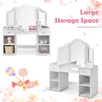 Ensemble Coiffeuse Enfant Moderne 2-en-1 en Bois avec Miroir Pliant Détachable, Table de Maquillage Princesse et Chaise de Rangement pour Chambre à Coucher - Vente en Gros