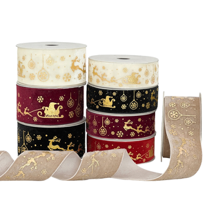 Custom Christmas <b>Ribbons</b> Gold Foil Printed Organza Double Face Decorative Holiday Gift Wrapping Trim Red <b>Black</b> Ivory Maroon - Product Image 1