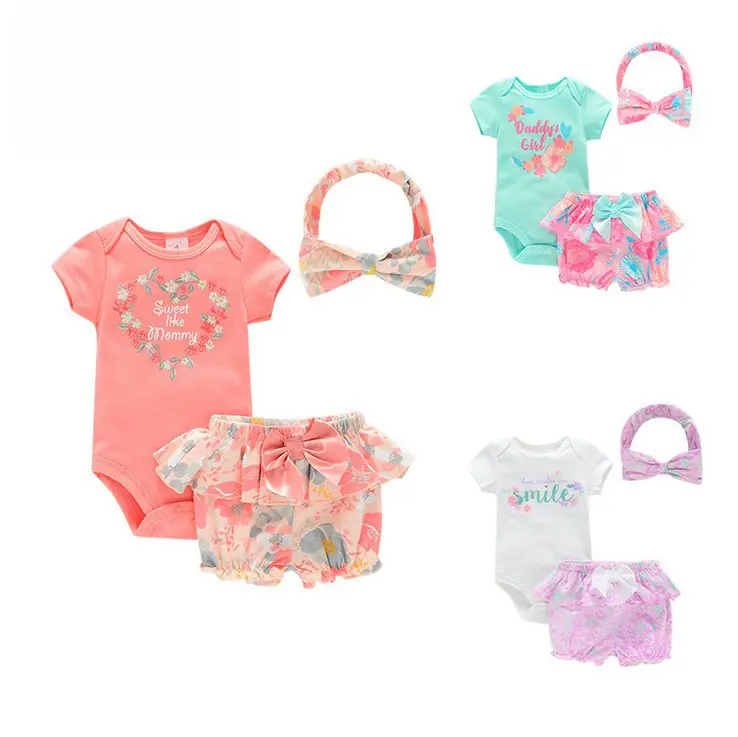 2022 New Fashion clothing girl Baby Kid girls Short sleeves Romper Set Clothes 3 in 1 set