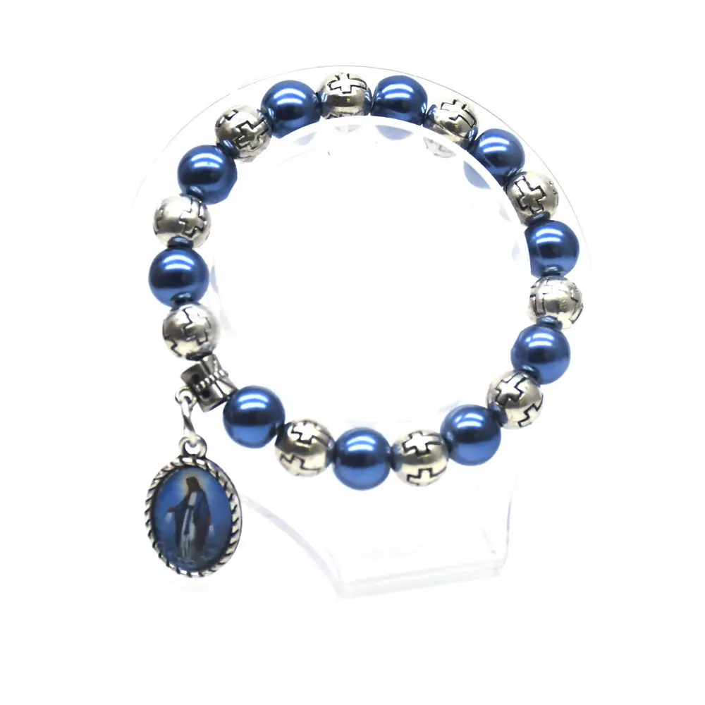 Braccialetto croce santa maria da 10mm braccialetto semplice con perle blu ornamento religioso regalo della dea eucarica
